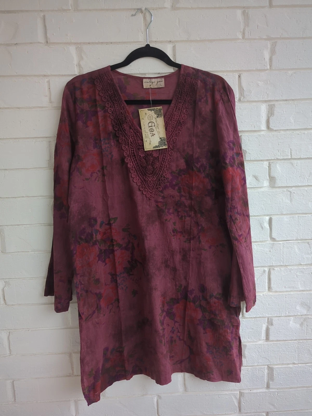Vintage Goa Embroidered Floral Boho Tunic Top Blouse Wine 100% Cotton Beach L
