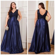 Plus Size Elegant Sequins Evening Dress V-neck Satin Prom Party Bridesmaid Gowns
