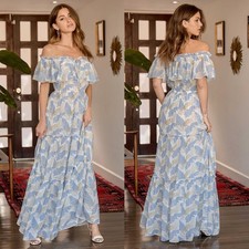 Lulus Sway in the Breeze White Leaf Print Off-the-Shoulder Maxi Dress Sz Small