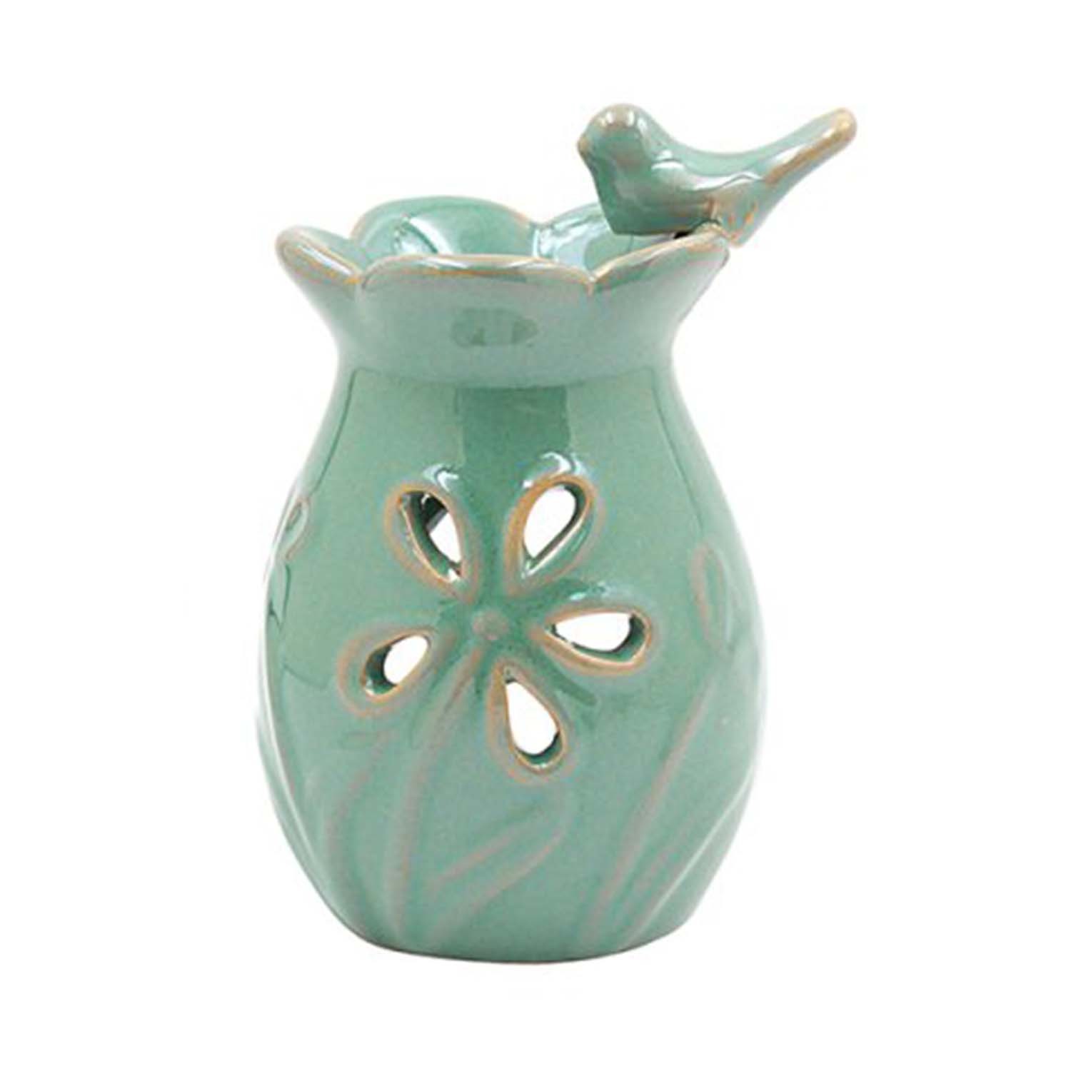 Glazed Ceramic Oil Burner Green Bird Flower Wax Melt Burner Home Fragrance Decor