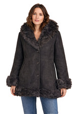 Brown Shearling Fur Trim Coat Women's Medium Button Mid-Length Winter