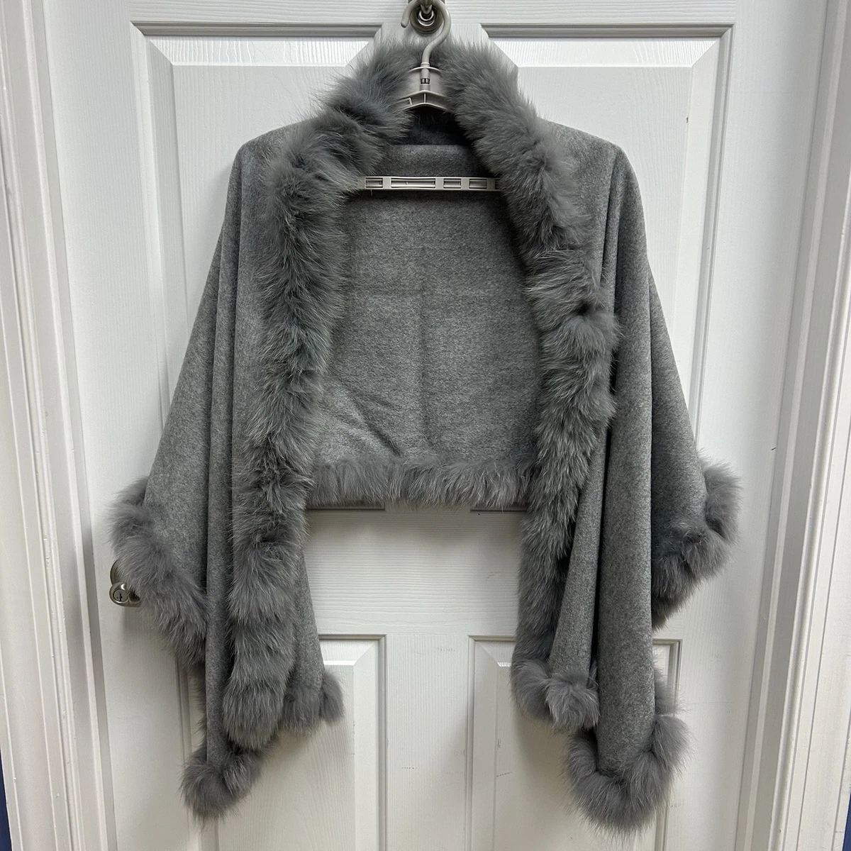 Portolano Cashmere Knit Wrap Real Silver Fox Fur Trim One Size Knit Mia Natural Silver Fox Fur Scarf Shawl: FurHatWorld.com main image 2