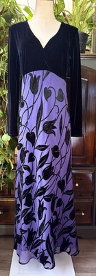 8 St. Tropez West Velvet & Chiffon Black Purple Maxi Dress V Neck Long Sleeves