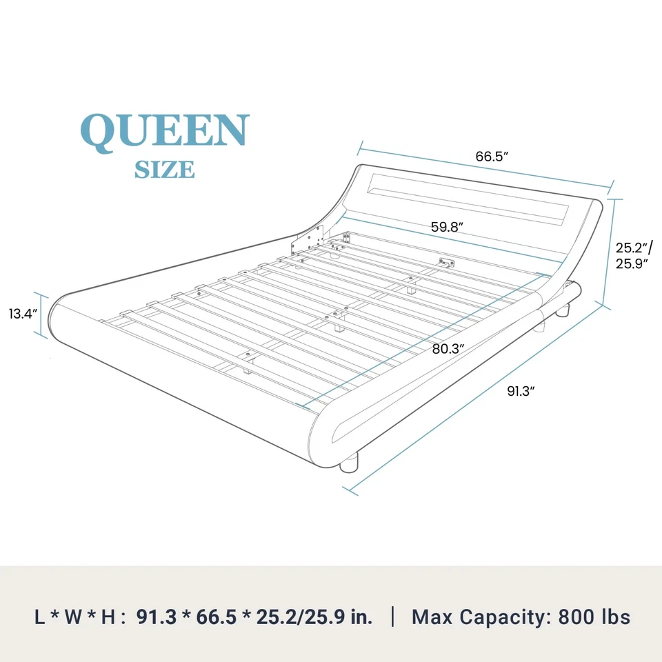 Queen Size LED Platform Bed Frame with Adjustable Headboard Faux Leather - Image 4 of 4