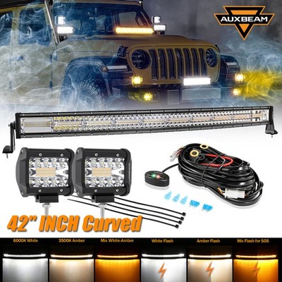 AUXBEAM 42''INCH Curved LED Light Bar+2X 4'' Pods Combo Amber White Strobe For GMC