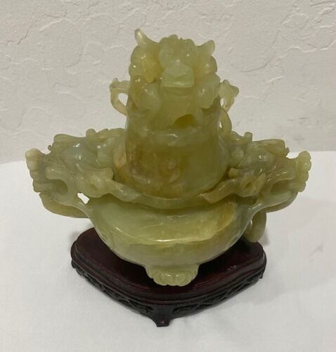 Vintage Chinese Green Jade Incense Burner w/Wooden Base Dragon Damaged - Picture 2 of 18