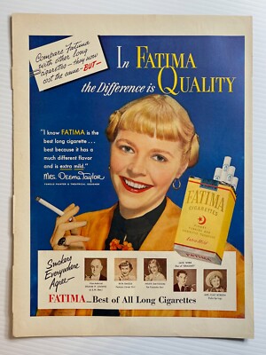 1951 Fatima Cigarettes Print Advertisement ''Mrs. Deems Taylor'' Fatima Quality