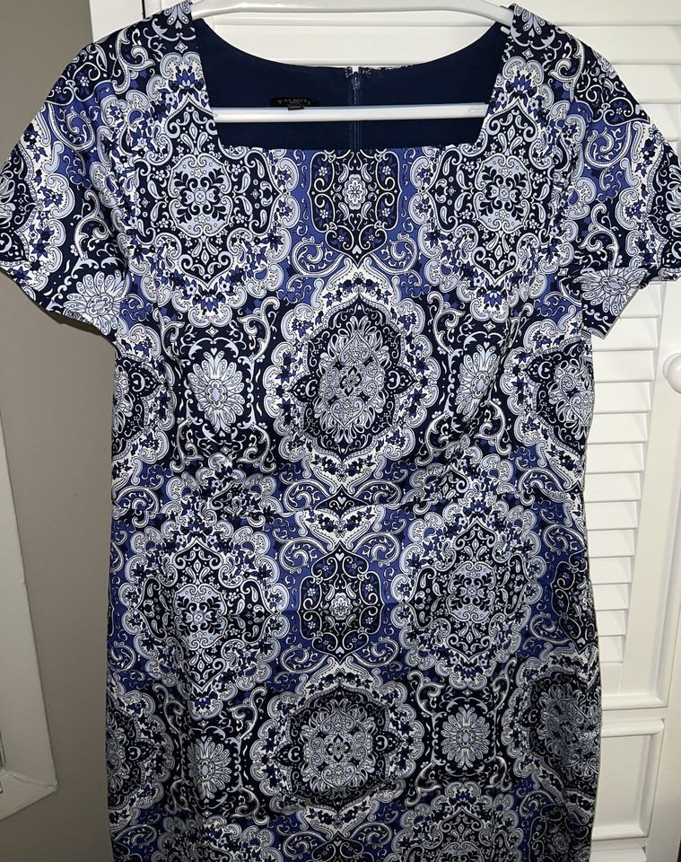 Talbots blue and navy paisley print square neck sateen cotton pencil