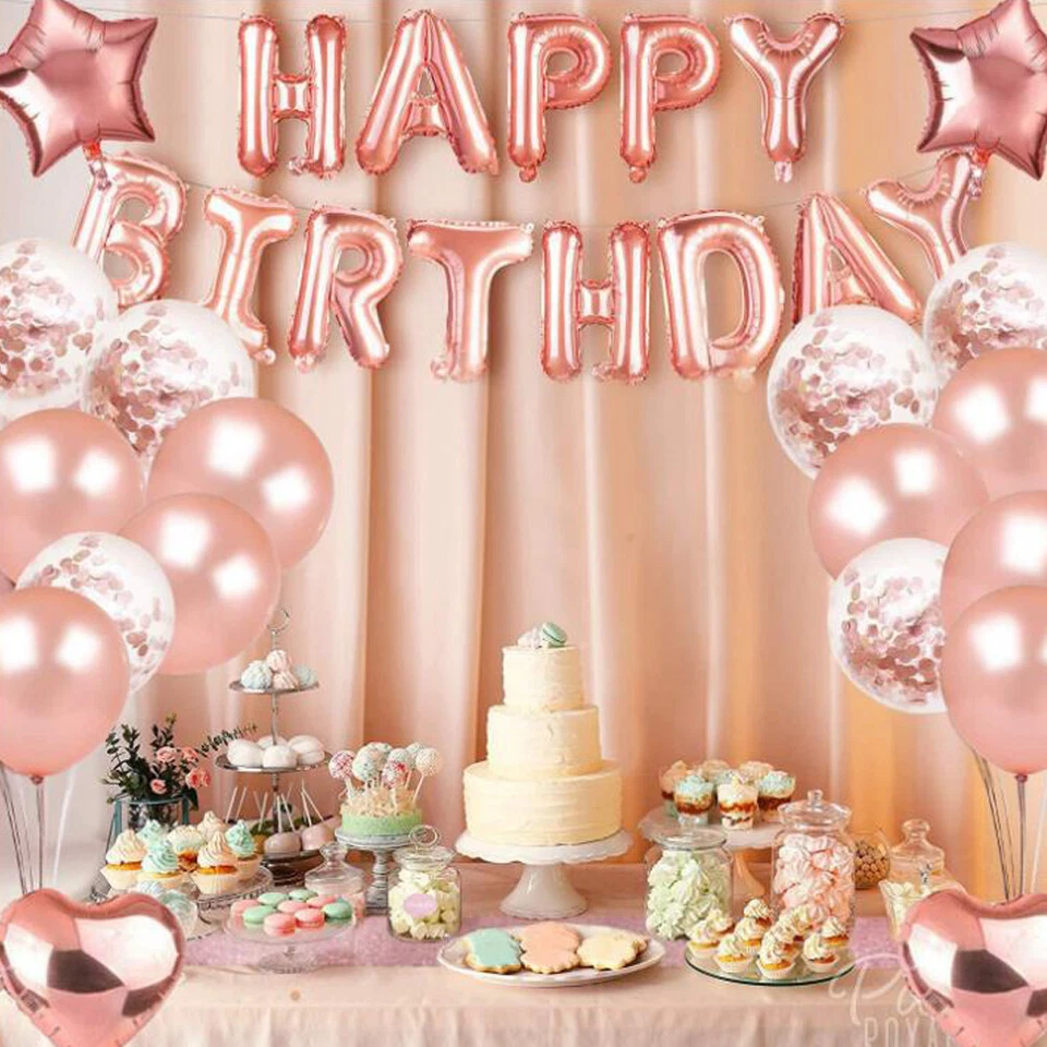 48 Pcs Happy Birthday Balloons Banner Rose Gold Foil Decorations Party Supplies - Image 2 of 4