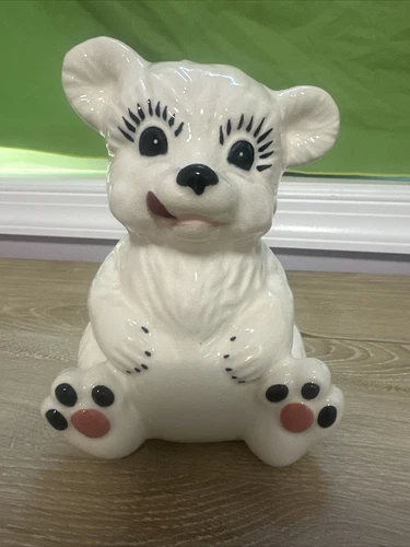 Vintage Bear Piggy Bank White Nihon Yoko Boeki Eyelashes Japan