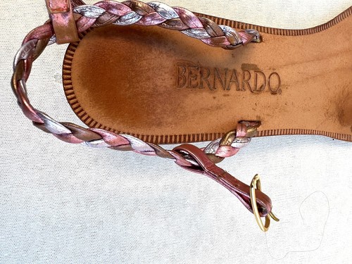 Vintage 80s Metallic Pink Leather Sling Back Wedge Sandals Sz 9 Bernardo Italy - Picture 6 of 19