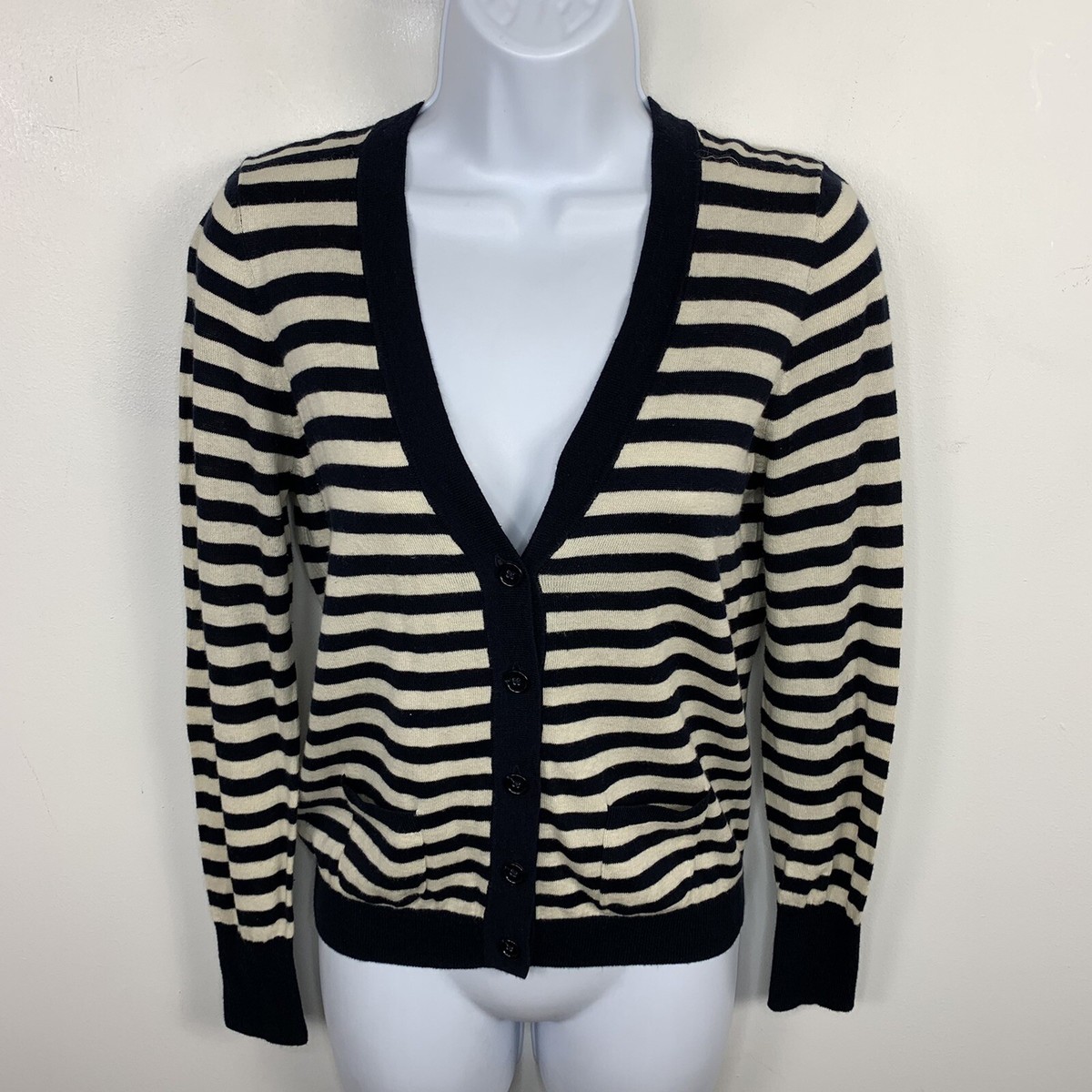 LOFT Petite Womens Cardigan Sweater Sz MP Navy Blue Cream Striped Waist  Length | eBay