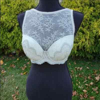 Victoria's Secret Bra Dream Angels Lined Demi 32DD High Neck Top Lace Green NWT