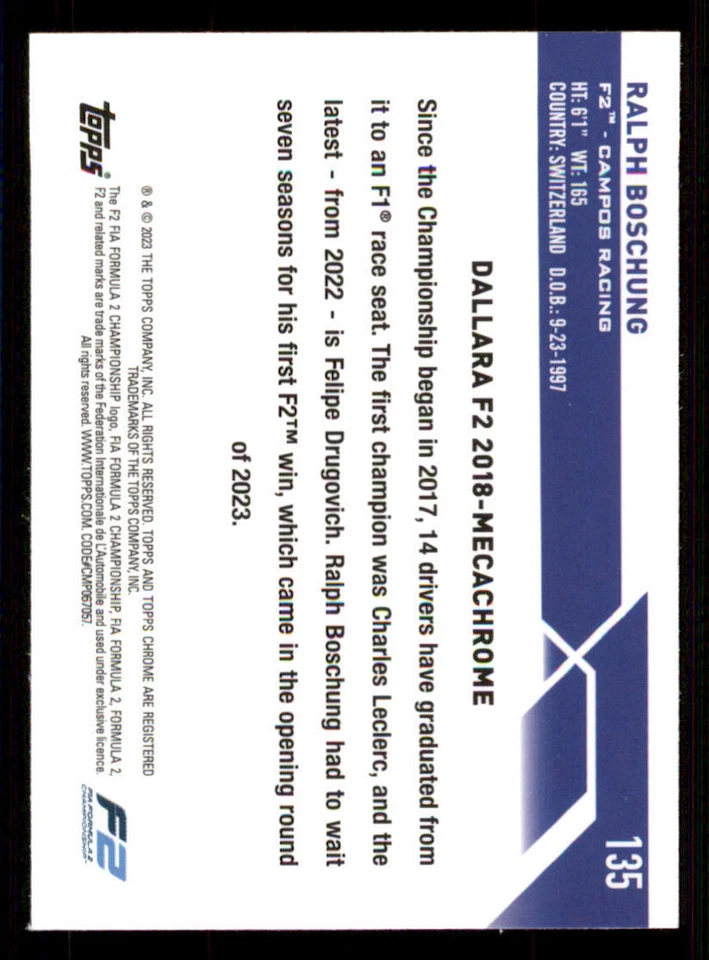 2023 Topps Chrome Formula 1 #135 Ralph Boschung CAR - Image 2 of 2