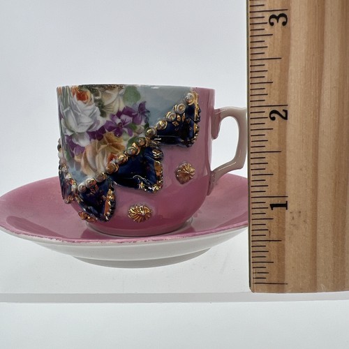 Antique "A Present" Cup Saucer Victorian Lusterware Porcelain Germany Pink Gift - Picture 17 of 19