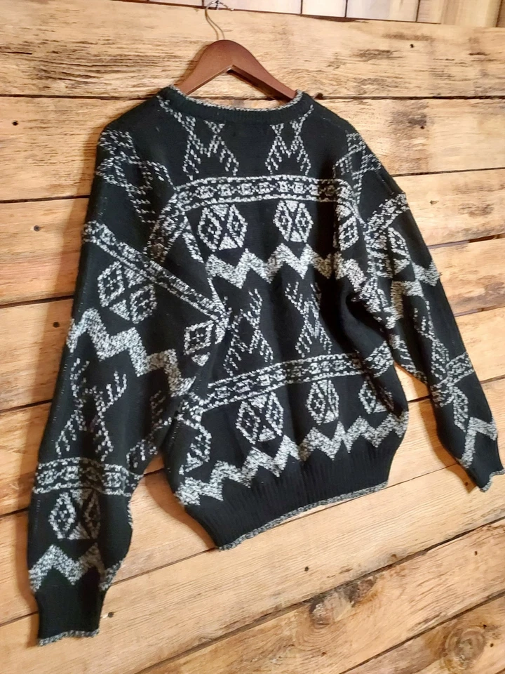 Suéter Geométrico Vintage Stefano Hombre L Retro Años 80 Negro con Parches de Cuero  Foto 2 de 4