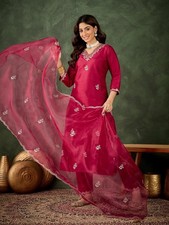 Readymade Women's Embroidered Kurta Pant Set Organza Dupatta Ethnic Party Wear