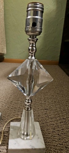Vtg Set 2 Small Table Lamps Prism Glass Art Deco Brass Marble Base Orig Shades - Picture 4 of 5