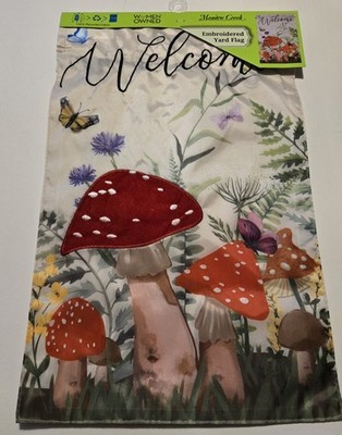 NWT Meadow Creek Embellished 11  X 8  Red Mushroom w/Butterfly Garden Yard Flag