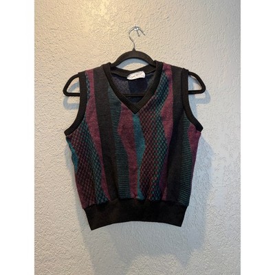 Easy Wear Bonne Petite Vintage Abstract Geometric Knit Sweater Vest Teal Plum L