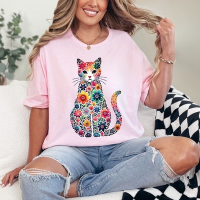 Lebendige geblümte Katze Damen ringgesponnen T-Shirt Geschenk für sie