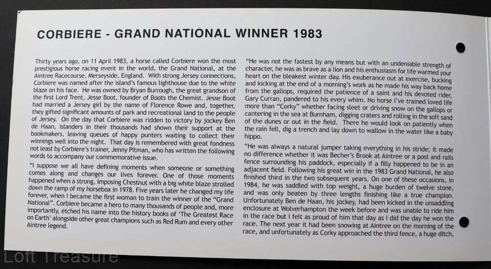 Estampillas de Jersey: "Corbiere - Gran Ganador Nacional 1983" Paquete de Presentación 2013 Foto 4 de 4