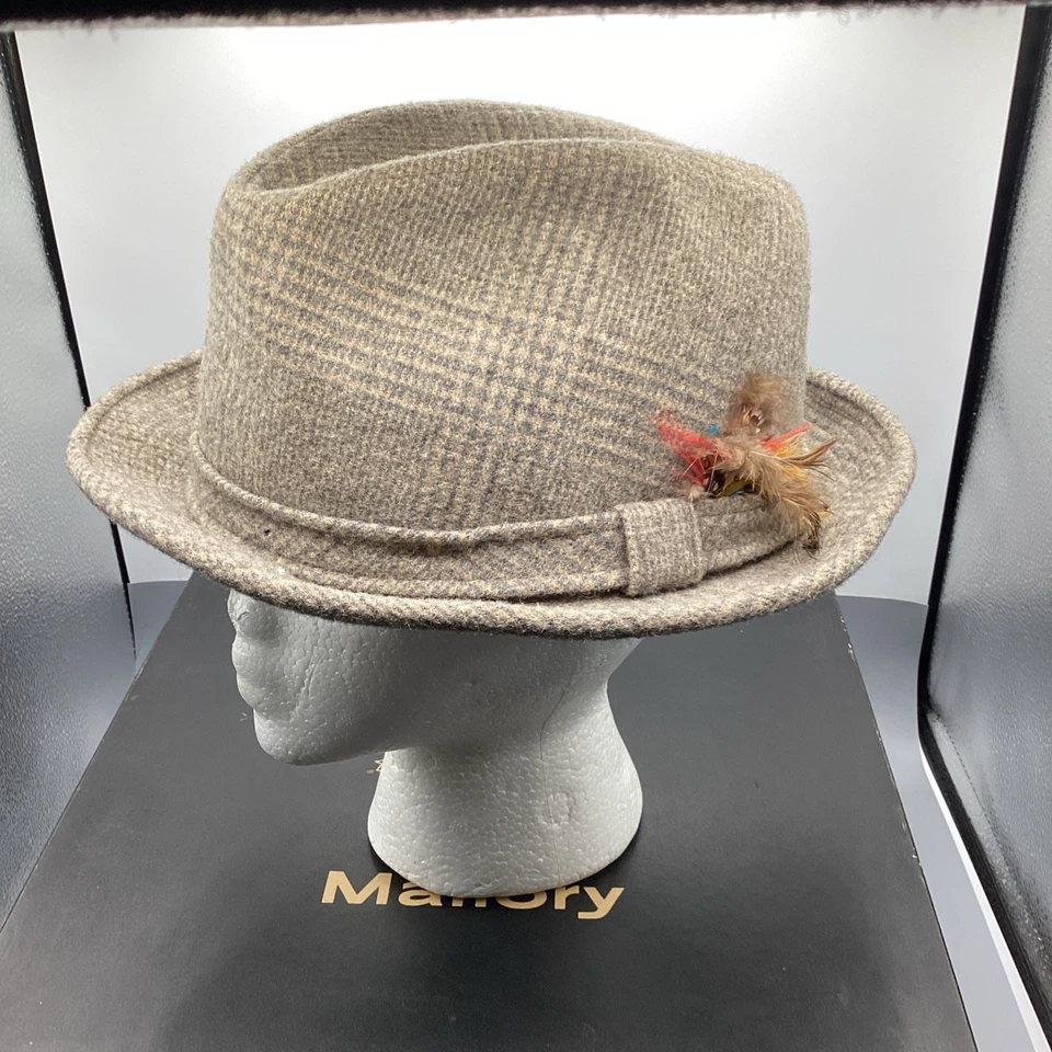 Dobbs Fifth Avenue Fedora Hat 7 3/8 Beige Tweed Wool Plaid Feather W Mallory Box - Image 2 of 4