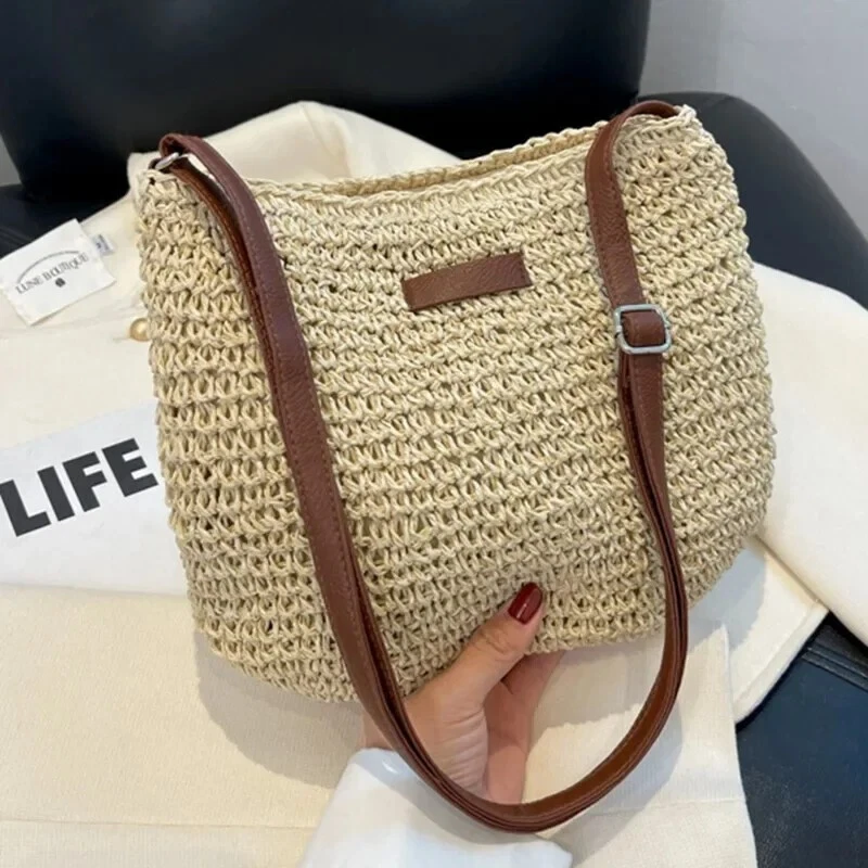 Womens Ladies Fashion Hand Bag Shoulder Bow Decor Straw Summer Bag Woven - Image 3 of 4