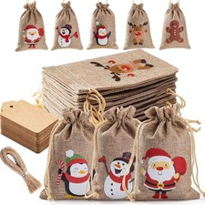 40 Pcs Christmas Burlap Gift Bags with Drawstring and Tags - 4x6 Inch Tiny Sm...