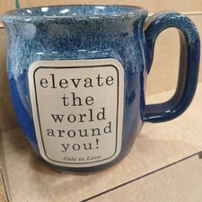 Sunset Hill Stoneware ELEVATE THE WORLD AROUND YOU Coffee Mug Blue Glazed 