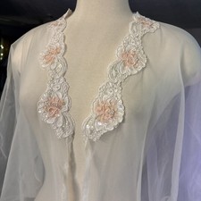 Val Mode Ivory Lingerie Peignoir Robe Sheer Embellished Size MD Vintage 90  s