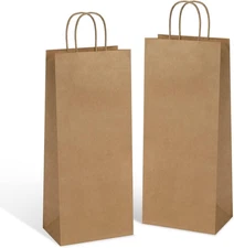 Kraft Paper Wine Bags with Handles - 5.25X3.25X13 Inch for Whiskey & Spirits Bot