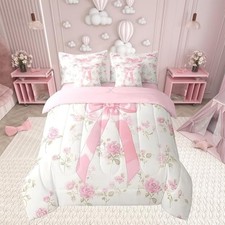 7 Pieces Pink Bowknot Comforter Set Size, Watercolor Rose Twin Pink White Green