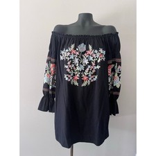 Free People Size XS Black Floral Embroidered Off The Shoulder Peasant Mini Dress