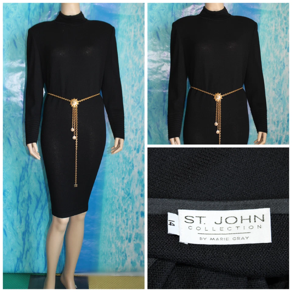 ST JOHN Collection Knits Black Dress L 14 12 Long Sleeved Sheath Zip Ribbed Trim
