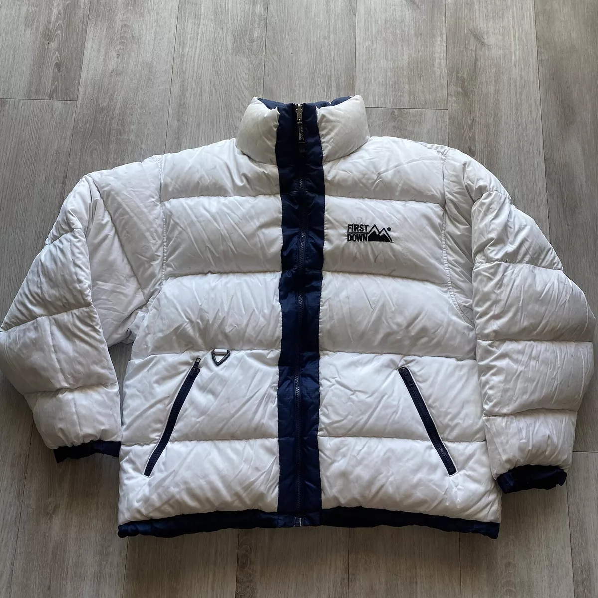 Vintage First Down Reversible Goose Down Puffer Jacket Blue White - Size L  Large