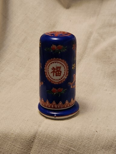 Vintage Chinese Porcelain Toothpick Holder Blue With Red And Yellow Flowers