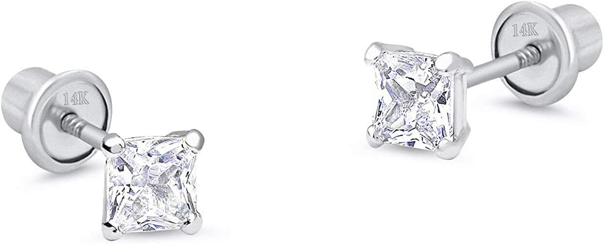 Princess Diamond Baby/Child Stud Screw back Earrings in Solid 14k White gold