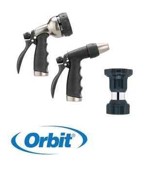 Orbit 3-Piece Metal Garden Hose Nozzle Set Fire Nozzle Turret & Rear Trigger 