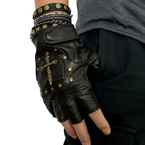 Pair Black Half Hand Finger Studded Punk Gloves in Leather for Men Women