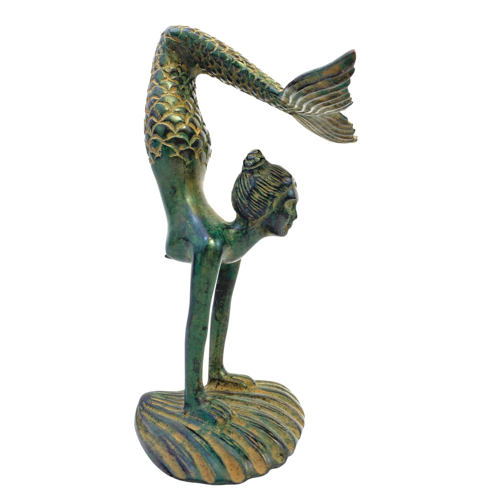 Mermaid Siren Statue Bronze Art Nouveau Sculpture Green Verdigris Metal Handmade