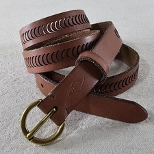 Fossil Womens Skinny 3/4" Tan Brown Leather Cutout Belt Gold Buckle 70's Hippie 