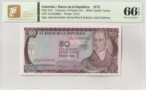 1973 Colombia 50 Pesos Oro Pick#414 66 EPQ Gem UNC