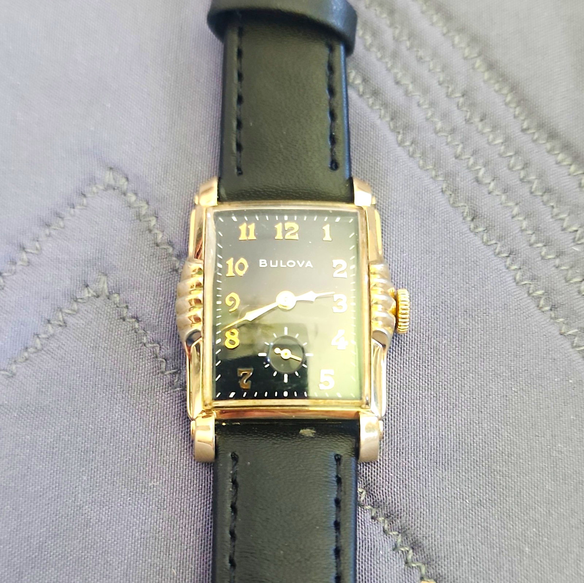 Bulova L2 Vintage Manual Wind Rectangular Black Dial Small Sec Leather Strap