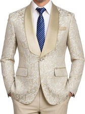 Men Champagne Jacquard Floral Blazer Slim Formal Party Prom Tuxedo Wedding Suit