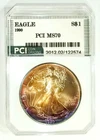 1990 Silver Eagle Flawless MS 70 Golden Purple Rainbow Color Toned PCI