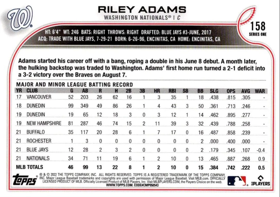 2022 Topps Riley Adams Rookie Washington Nationals #158 - Image 2 of 2