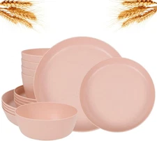 EI 12pcs Pink Wheat Straw Plates,Wheat Straw Dinnerware Set for 4,Plates and Bow