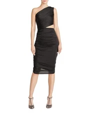 HALSTON Black Ruched One Shoulder Cut-Out Jersey Cocktail Midi LBD Dress 6 = S