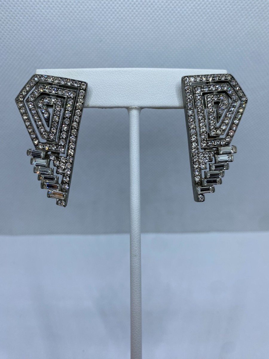 Ben Amun Art Deco Crystal Earrings Geometric Pierced Silver Tone Clear Crystals View 4